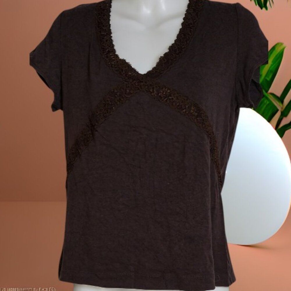 3 For $12!Liz Claiborne Chocolate Brown Ruffled Bodice Cap Sleeve Top Size Large